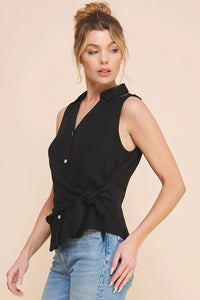 Sleeveless black collared shirt with buttons from the SOFT LINEN collection