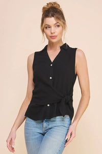 Sleeveless collared shirt in black with button-up design and peplum waist detail