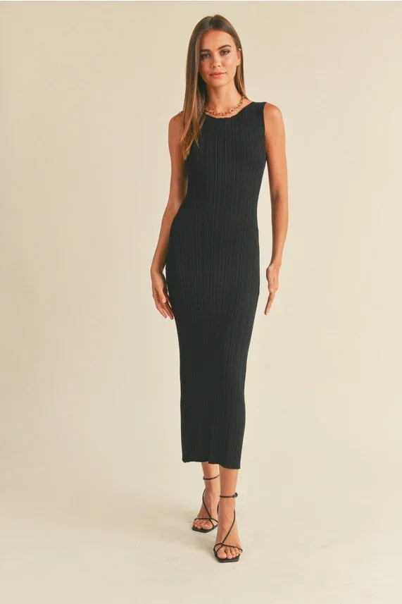 Patterned rib knitted long dress for women’s boho chic clothing with sleeveless design
