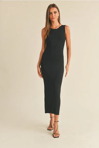 Patterned rib knitted long dress for women’s boho chic clothing with sleeveless design