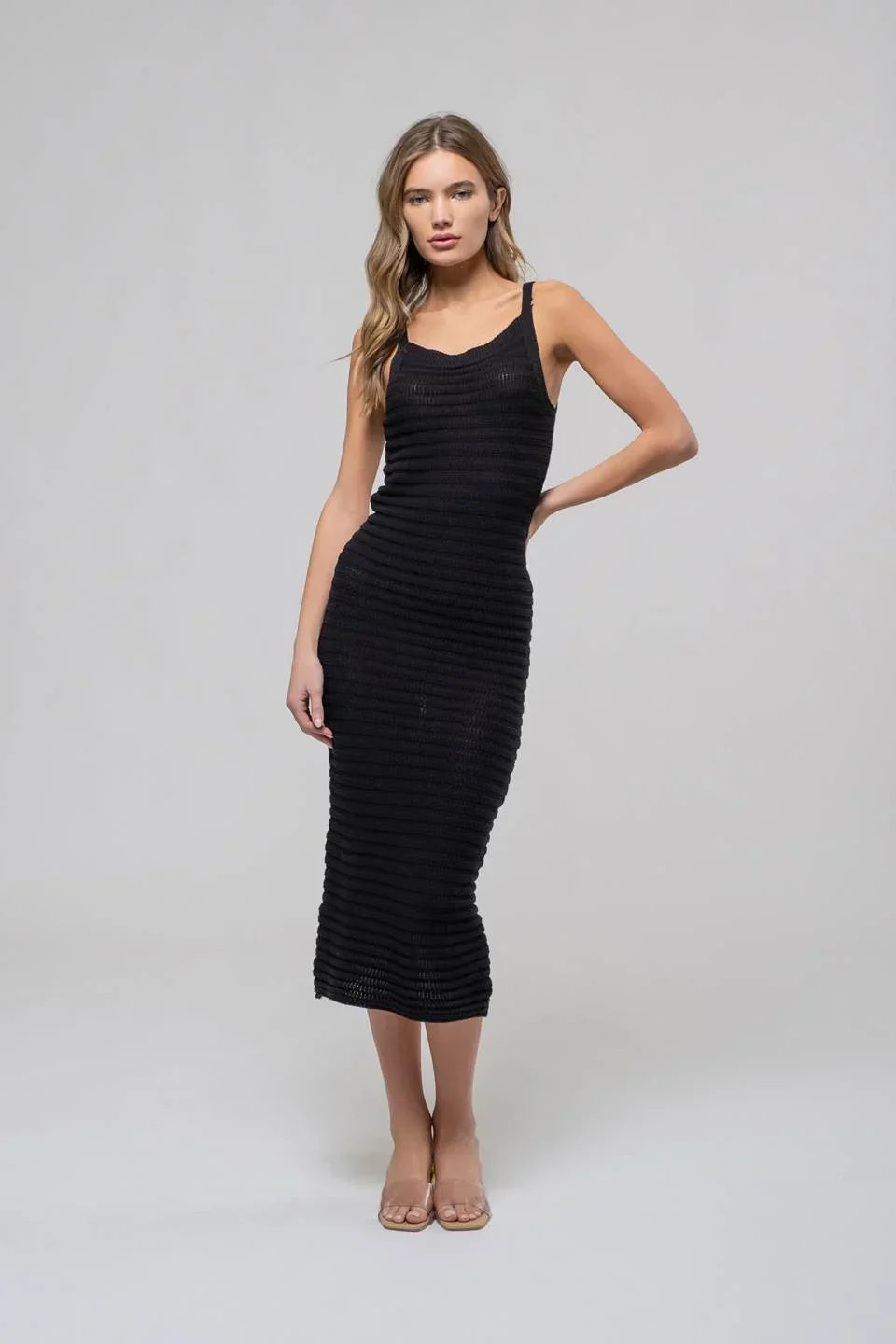 Sleeveless black ruched cami midi dress with scoop neckline for elegant style