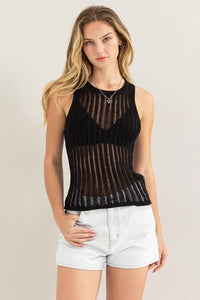 Sleeveless black sheer open knit sweater tank top with vertical striped pattern