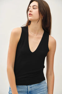 Women’s boho chic clothing; sleeveless black V-neck sweater tank from Shop Daisy