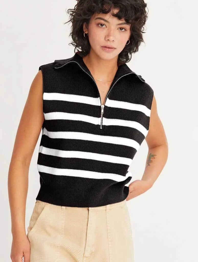 Sleeveless black and white striped knit quarter-zip sweater vest for women’s boho chic clothing