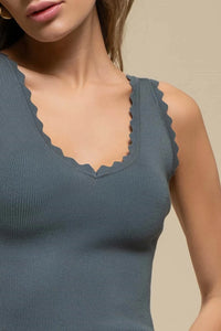 Sleeveless blue-gray top with scallop edge neckline from SCALLOP EDGE SLEEVELESS collection