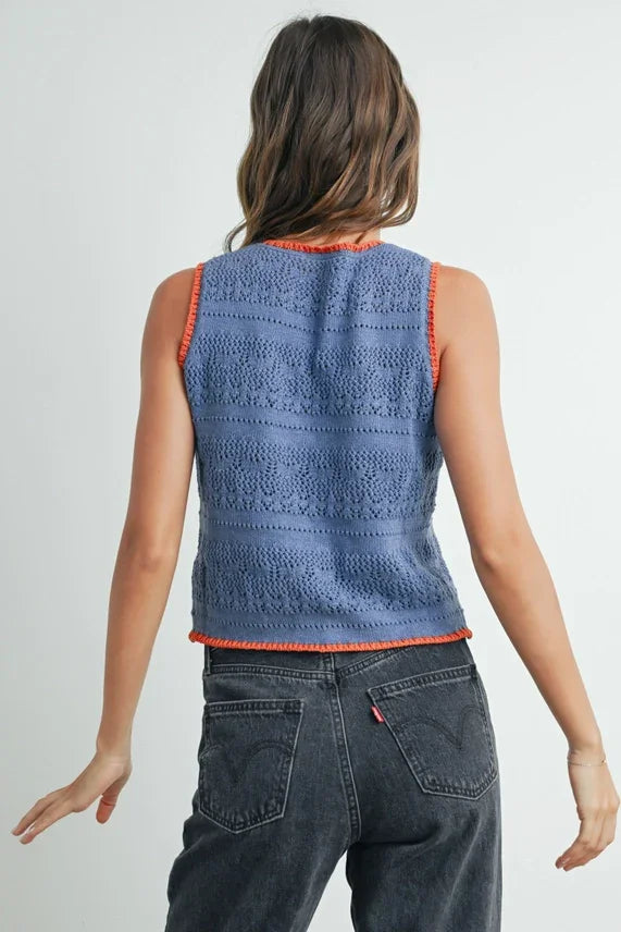 Crochet tie front top in blue with orange trim, perfect for women’s boho chic clothing at Shop Daisy
