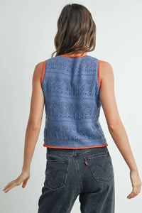 Crochet tie front top in blue with orange trim, perfect for women’s boho chic clothing at Shop Daisy