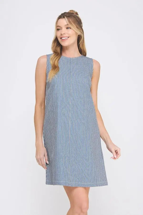 Sleeveless blue striped mini dress with back cut out detail from Daisy Lane