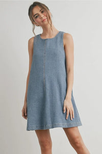 Blue-striped sleeveless denim mini dress with rounded neckline, stylish denim mini dress