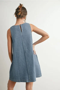 Blue and white striped sleeveless denim mini dress with keyhole neckline