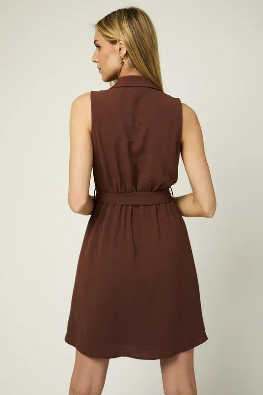 Sleeveless brown collared wrap waist dress with belted waist, shown from the back