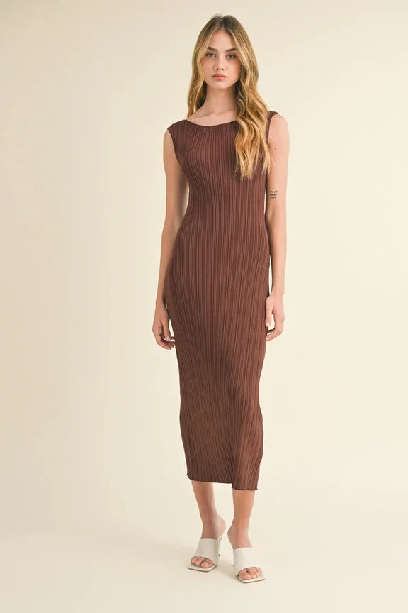 Sleeveless brown ribbed midi dress with fitted silhouette from Shop Daisy, women’s boho chic clothing