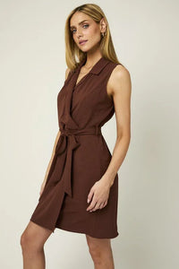 Sleeveless brown collared wrap waist dress with tie waist detail for a stylish look