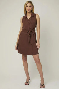 Sleeveless brown collared wrap waist self-tie dress with a stylish tie waist design