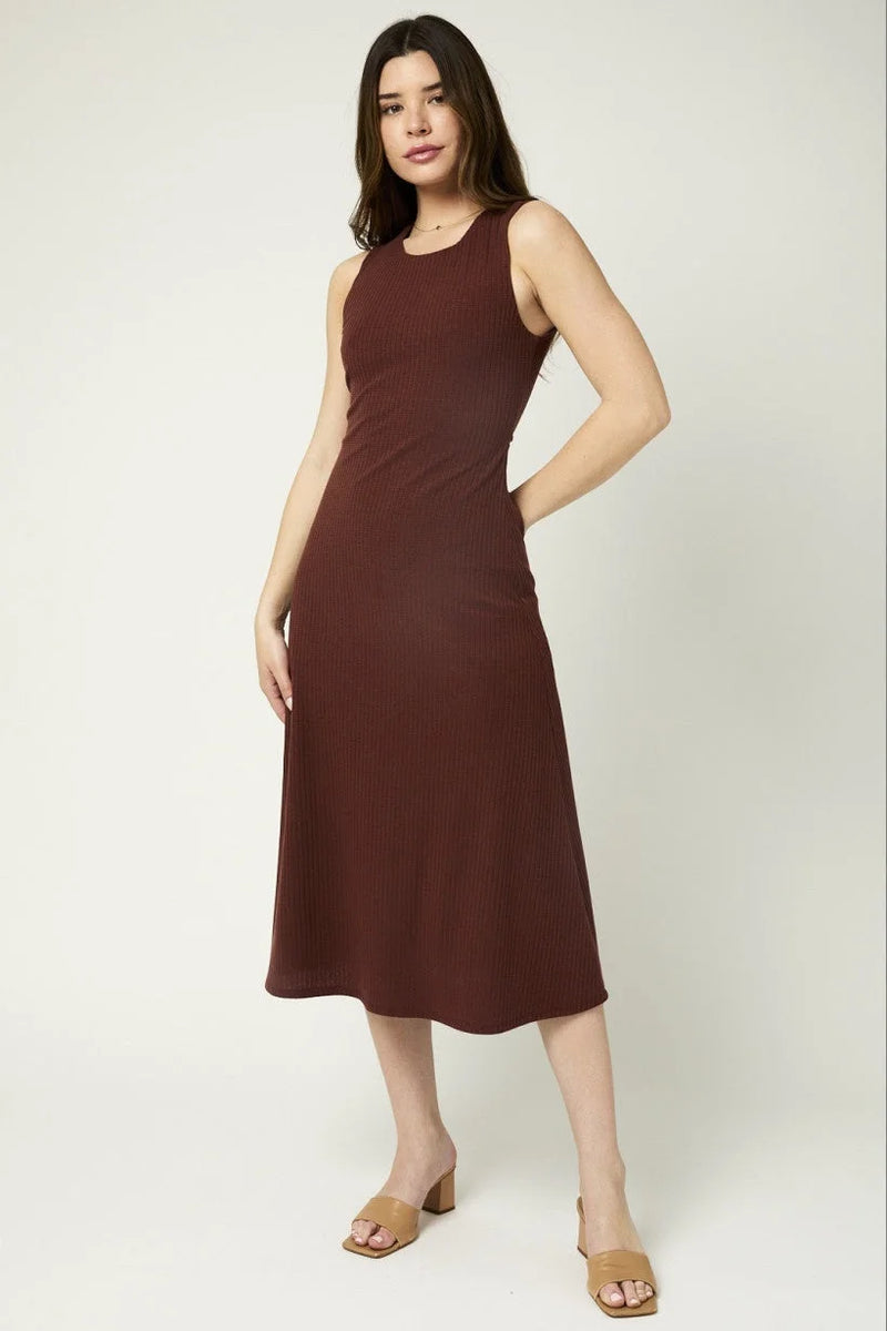 Sleeveless burgundy maxi dress featuring a fitted silhouette and waist cut detail