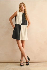Corduroy color block mini dress with pockets, sleeveless checkerboard pattern