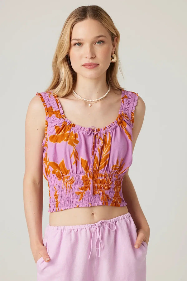 Sleeveless lavender and orange floral smocked bodice JENNIFER CROP TOP for the boho free spirit
