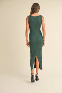 Sleeveless dark green ribbed midi dress with back slit from Shop Daisy for women’s boho chic clothing