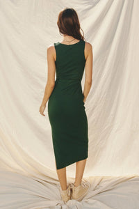 Sleeveless dark green ribbed knit square neck midi dress worn by a woman