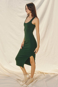 Sleeveless dark green ribbed knit square neck midi dress with a side slit