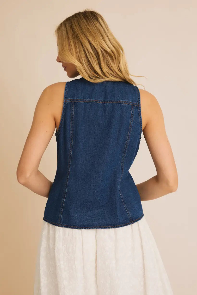 Sleeveless denim vest featuring back yoke detailing for women’s boho chic clothing