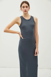 Fitted gray ribbed tank maxi dress with back slit for elegant style and comfort