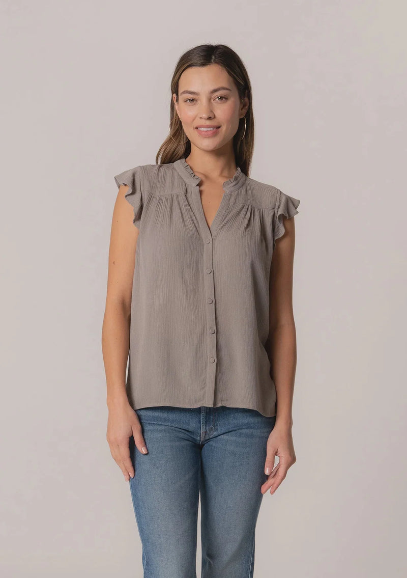 Sleeveless gray blouse with ruffled shoulders in flowy crinkle gauze boho style