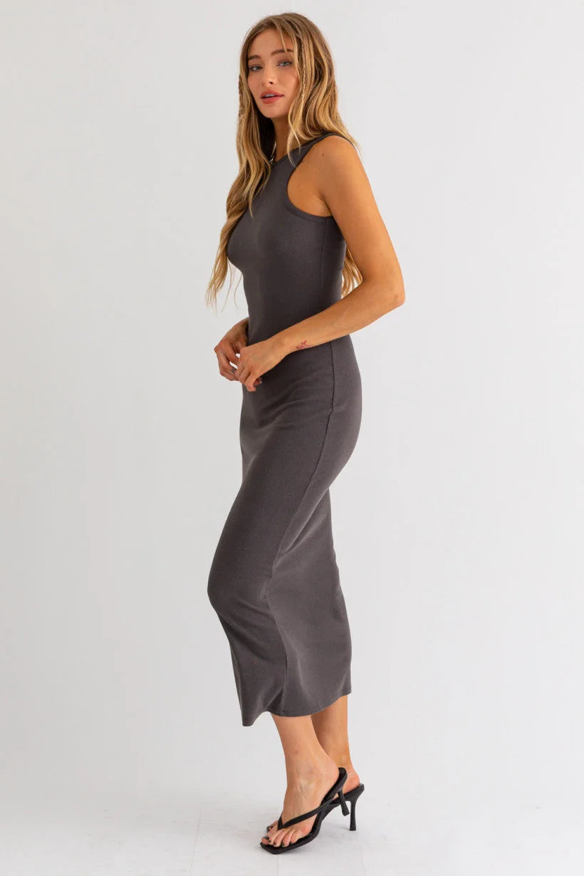 Sleeveless gray midi dress with a form-fitting silhouette and laser cut sleeve detail