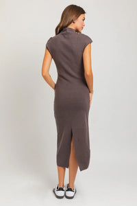 Sleeveless gray sweater midi dress with high neck and back slit for stylish elegance