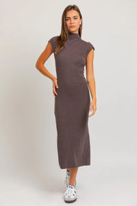 Sleeveless gray sweater midi dress featuring a stylish mock turtleneck design