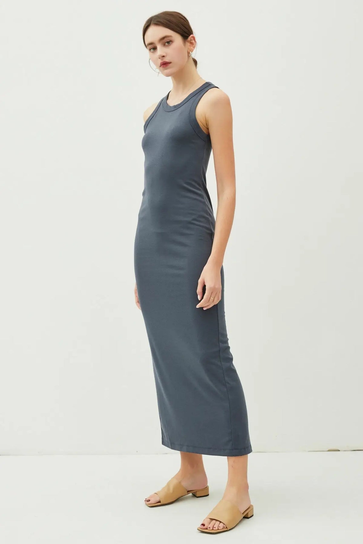 Sleeveless gray midi dress featured in RIBBED TANK MAXI DRESS BACK SLIT collection