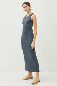 Sleeveless gray midi dress featured in RIBBED TANK MAXI DRESS BACK SLIT collection