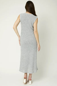 Sleeveless gray ribbed knit maxi dress with a flowy design shown from the back