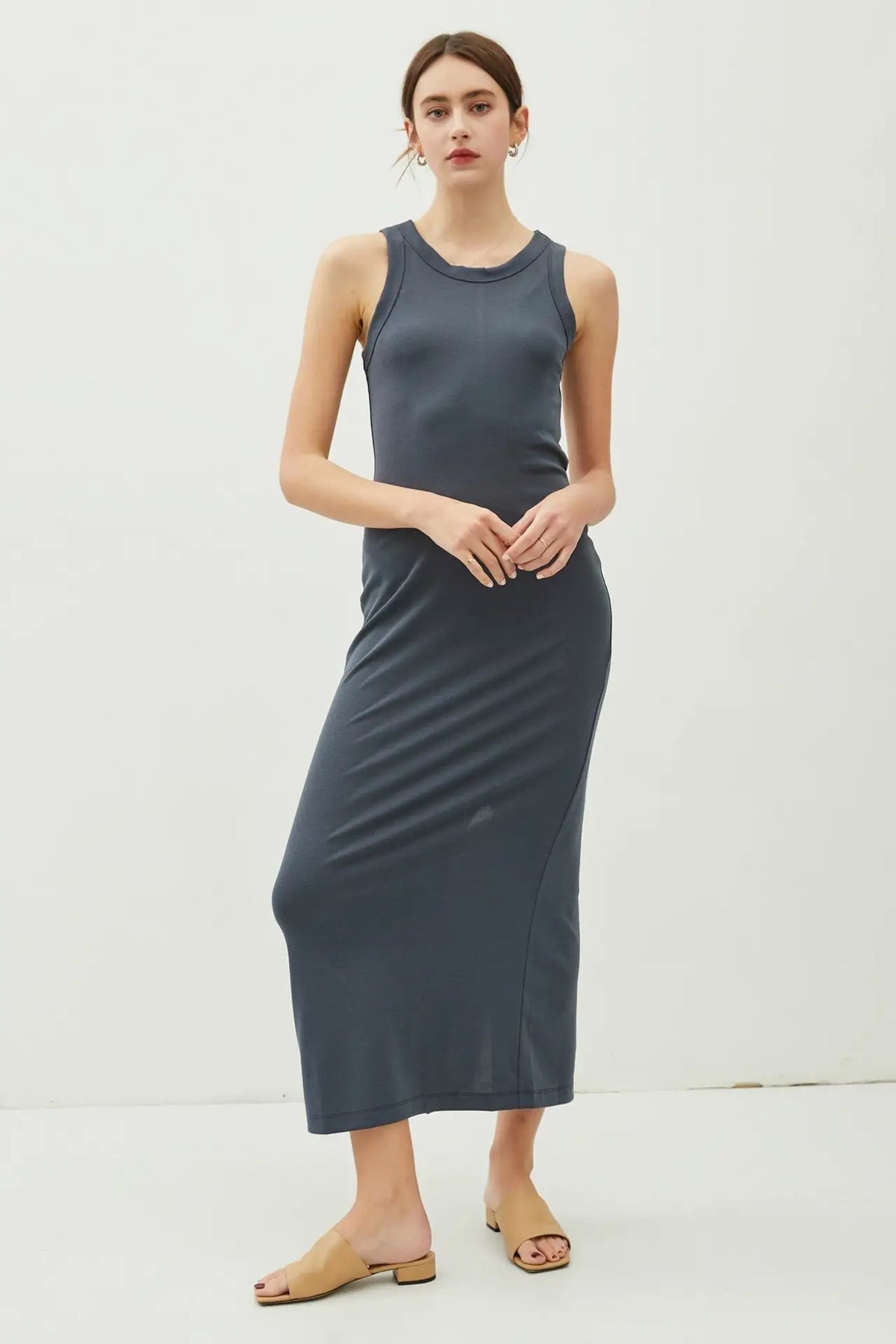 Sleeveless gray ribbed tank maxi dress with back slit for a stylish look