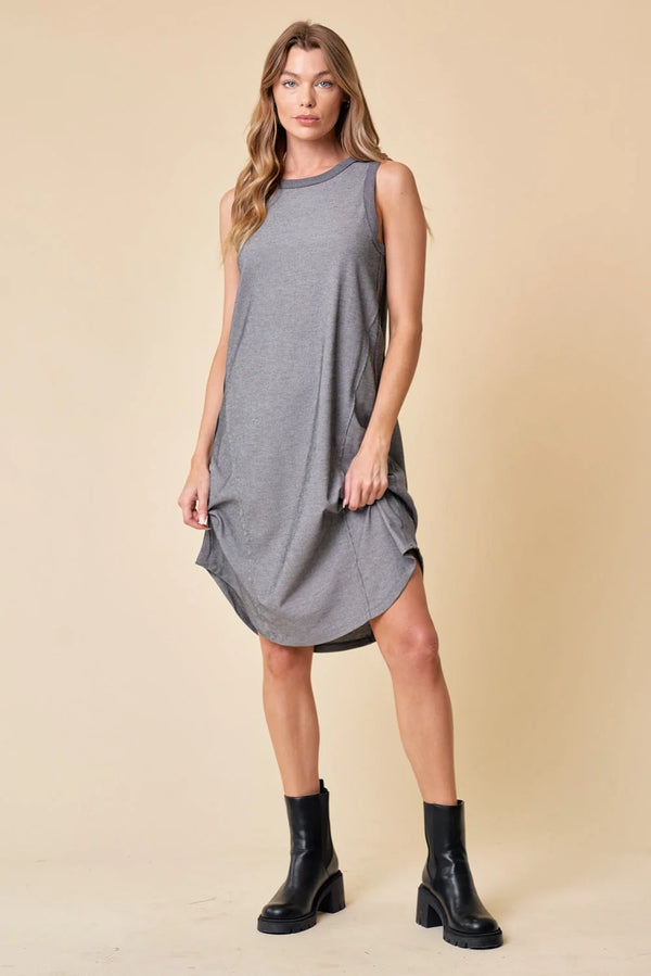 Sleeveless grey midi dress with curved hemline and black combat boots, size small, Shop Daisy