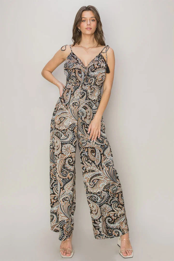 Sleeveless Paisley Print Jumpsuit with Wide-Leg Pants for a Stylish Look