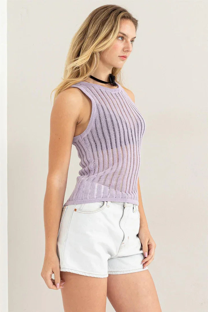 Sleeveless lavender open knit sweater tank top with vertical ribbing for a boho look