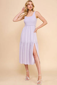 Sleeveless lavender midi dress with a side slit from the Smocked Tank Babydoll collection