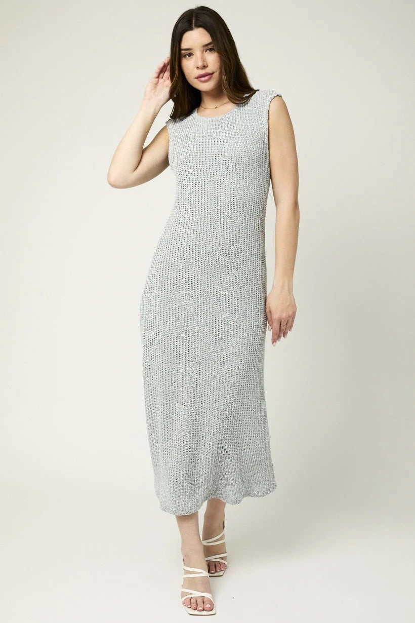 Sleeveless light gray ribbed knit maxi dress, perfect for boho and flowy styles