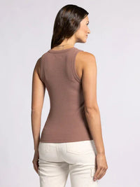 Sleeveless mauve Edlin Basic Tank worn by a woman viewed from behind