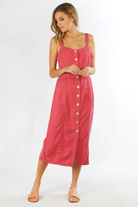 Sleeveless midi dress in pink TENCEL BUTTON UP fabric, ideal for elegant summer wear