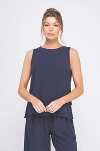 Sleeveless navy layered top from LINEN BLEND RELAXED TUNIC TANK TOP collection