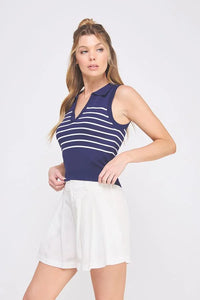 Sleeveless navy and white striped knit polo tank top with V neck for stylish wear