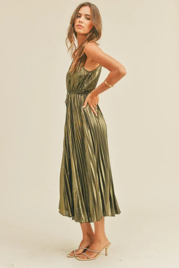 Sleeveless olive green metallic pleated dress with a gathered waist and midi length