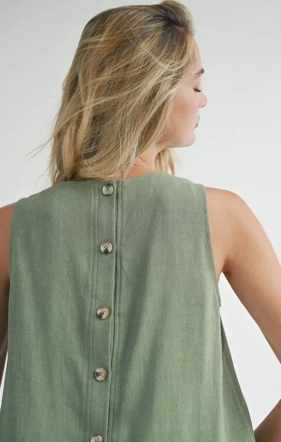 Sleeveless sage green Sugarloaf linen tank with button detailing down the back