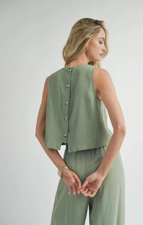 Sleeveless sage green Sugarloaf Linen Tank with button detailing on the back