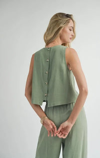 Sleeveless sage green Sugarloaf Linen Tank with button detailing on the back