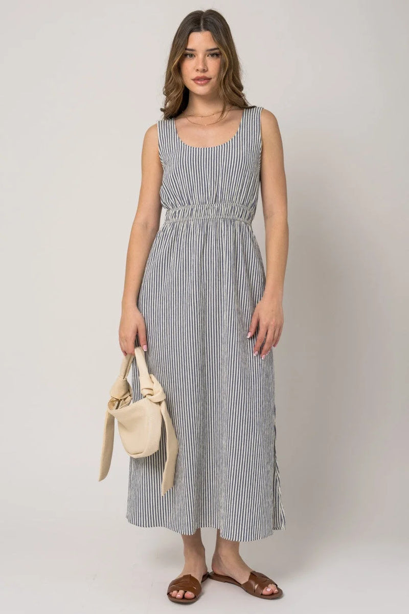 Sleeveless Stripe Side Slit Maxi Dress with gathered waist and stylish slit detail