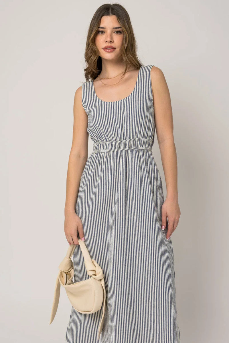 Sleeveless stripe side slit maxi dress with gathered waist for a stylish summer look