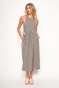 Renzo Muscle Tank Stripe Midi Dress featuring sleeveless design and pockets